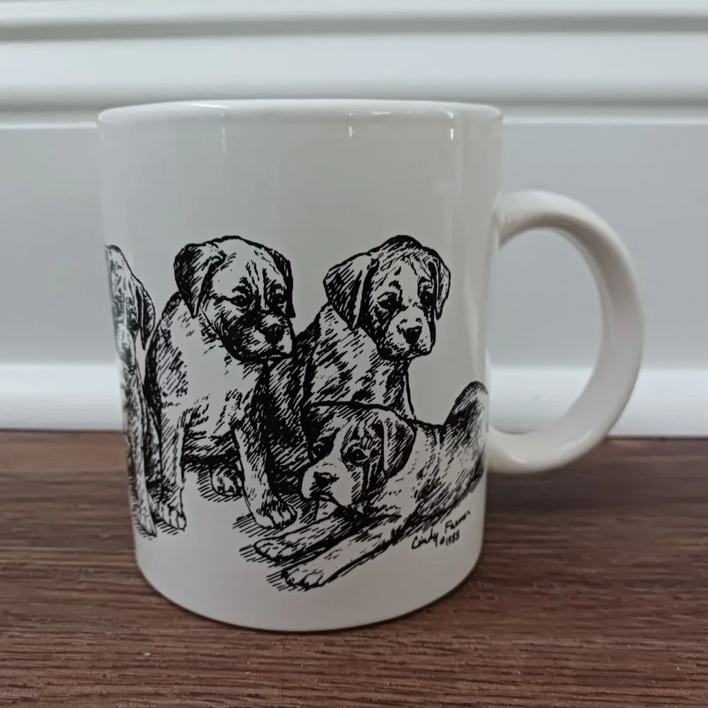 Vintage 1988 Cindy Farmer Boxer Puppies Dog Sketch Coffee Mug Cup